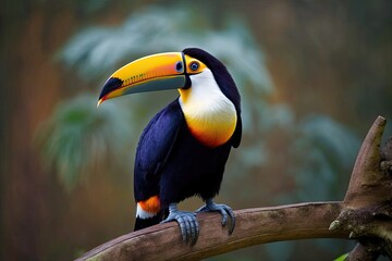 Fototapeta premium Foz do Iguacu, Brazil's exotic toucan bird in its native habitat close to the Iguazu Falls. Generative AI