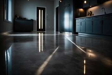 cement flooring in a dimly lit space. the color black. Generative AI