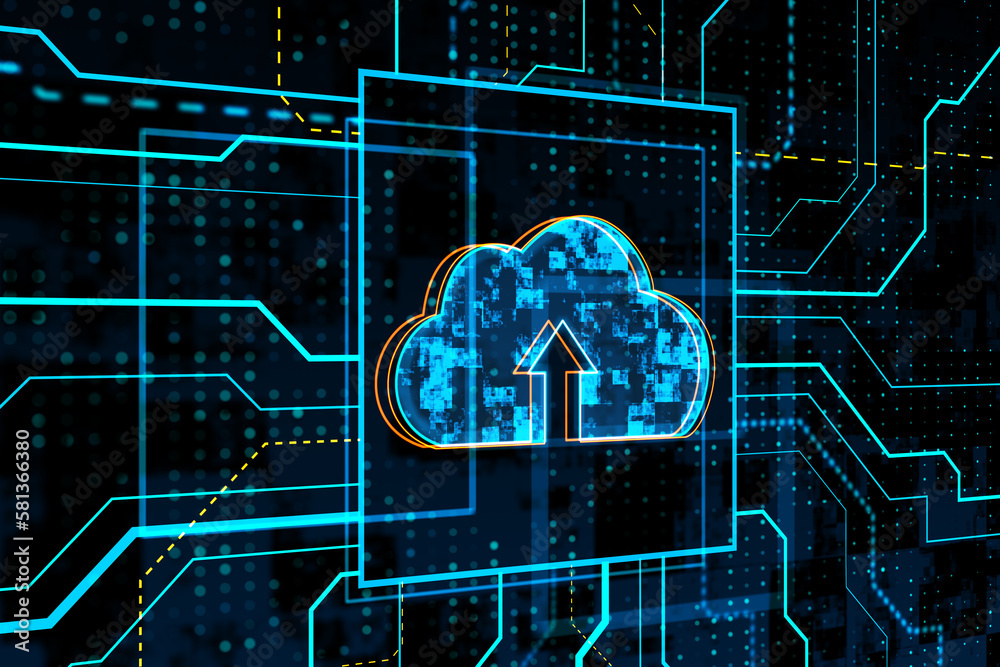 Aufkleber Glowing circuit cloud computing hologram on dark background. Database and server concept. 3D Rendering.