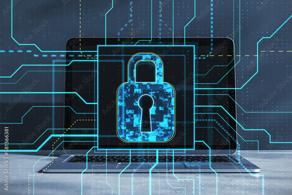 Poster Close up of laptop computer with glowing safety and security circuit padlock hologram on blurry background. Double exposure.