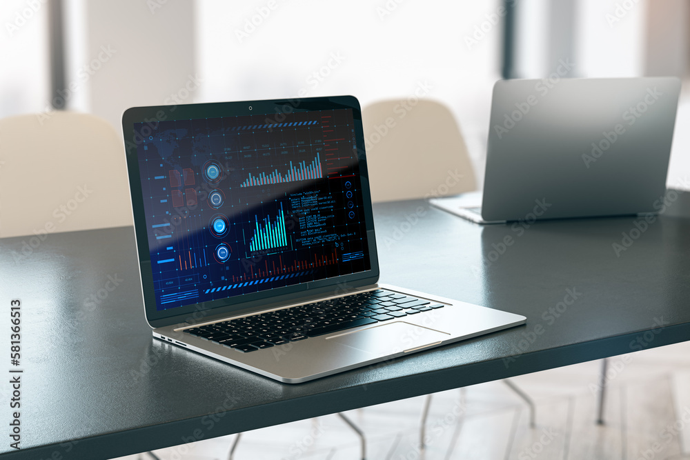Poster Close up of laptop on desktop with glowing digital interface, business charts and coding language. Future and cyberspace concept. 3D Rendering.