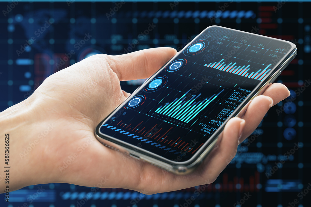 Poster close up of female hand holding cellphone with glowing digital interface with business charts and co