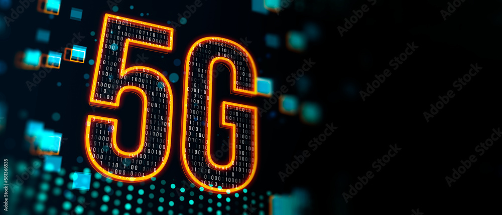 Poster Fast speed internet connection and innovation technologies concept with digital 5g symbol covered by binary code on blank dark background with space for your advertising poster. 3D rendering, mock up