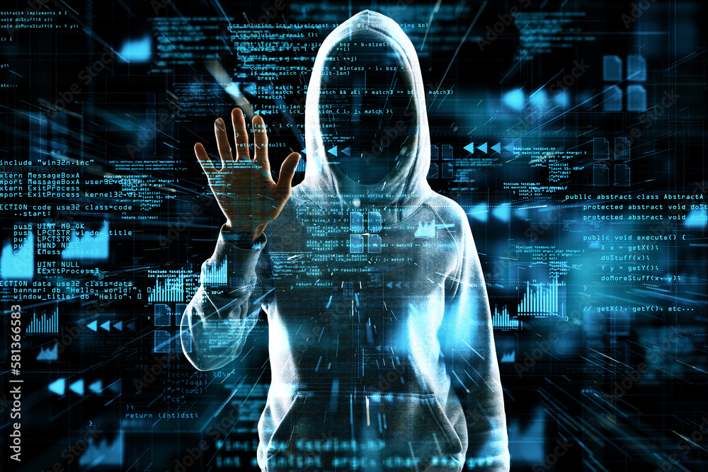 Aufkleber Hacker using glowing hacking hologram on blurry dark background. Crypto, security and criminal concept. Double exposure.