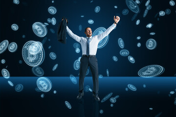 Financial freedom, success, investing and cryptocurrency concept with happy businessman on dark blue background under bitcoin rain