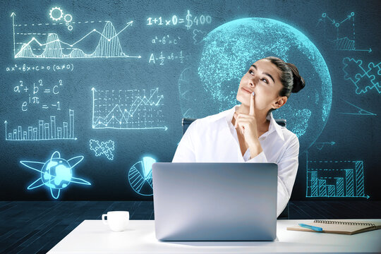Thoughtful young european businesswoman with laptop and glowing mathematical formulas and globe hologram on blurry blue background. Equation, digital data and mathematics app concept.