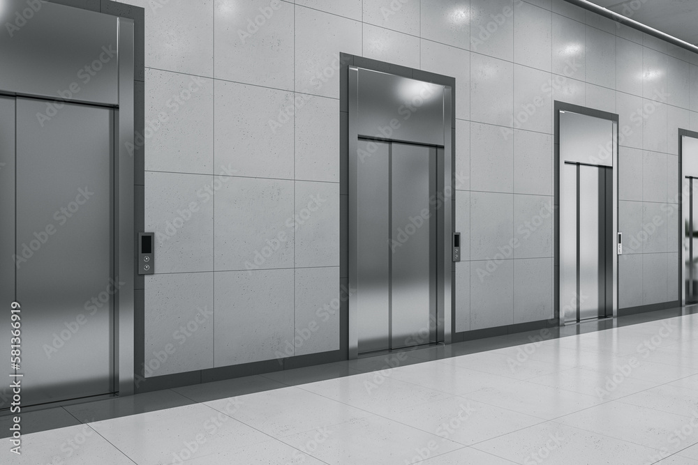 Poster perspective view on steel elevators in spacious business center corridor hall with grey wall backgro