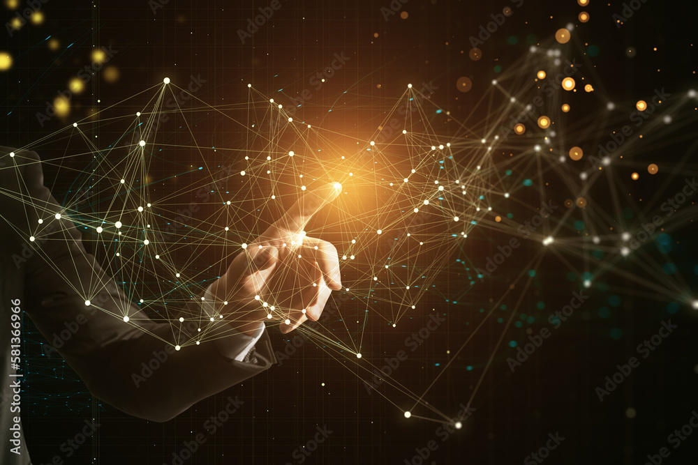 Poster Close up of man hand pushing and using glowing polygonal mesh interface on dark background. Technology and network concept.