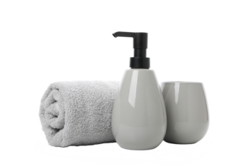 Concept of bodycare and bathroom accessories, isolated on white background