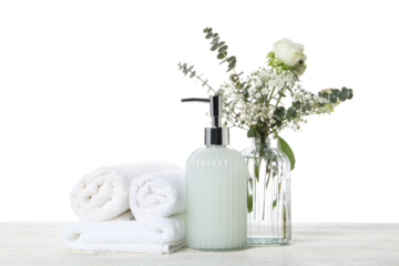 Concept of bodycare and bathroom accessories, isolated on white background