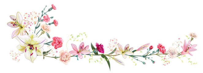 Obraz na płótnie Canvas Panoramic view: bouquet of carnation, lilies, spring blossom. Horizontal border for Mothers Day or wedding invitation. Gentle realistic illustration in watercolor style on white background. Vector