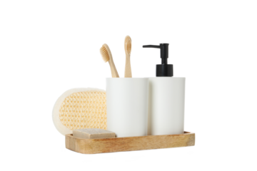 Concept of bodycare and bathroom accessories, isolated on white background