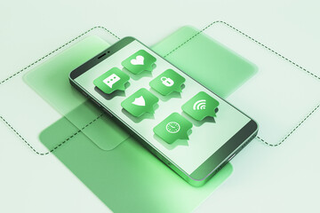 Creative green smartphone with communication icons on screen. Social media and network concept. 3D Rendering.