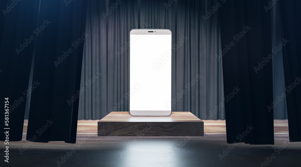 Poster Empty blank white mobile phone placed on pedestal with gray curtains. Presentation and mock up concept. 3D Rendering.