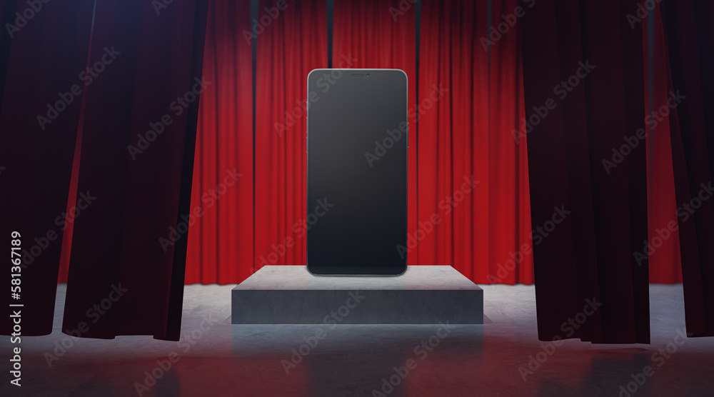 Poster Empty empty mobile phone placed on pedestal with red curtains. Presentation and mock up concept. 3D Rendering.
