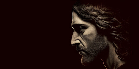 Jesus Christ face side profile with copy space created with Generative AI