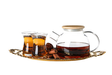 Concept of traditional turkish brewed hot drink - tea, isolated on white background - obrazy, fototapety, plakaty