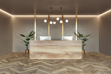 Front view on stylish reception desk made from natural wooden slab with modern computers on parquet...