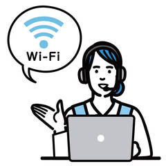 ラップトップの前に座ってWi-Fiの説明をしているオペレーターの若い女性
