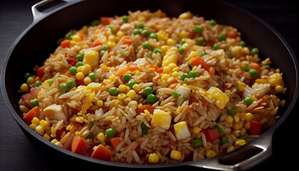 Fried Rice and versatile dish made with stir-fried rice, vegetables, and often meat or seafood, seasoned with sauces and spices and served with garnishes and condiments, Generative AI, illustration