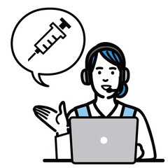 ラップトップの前に座って予防接種、ワクチンの説明をしているオペレーターの若い女性
