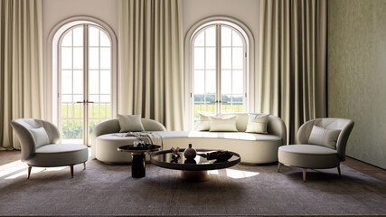 Large luxury modern bright interiors Living room mockup illustration 3D rendering computer digitally generated image