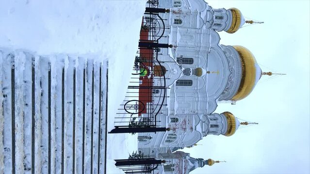 Belogorsky St. Nicholas Orthodox Missionary Monastery. Russia, Perm Krai, Belaya Gora. The temple on the hill in winter. Monastery on the background of snow.