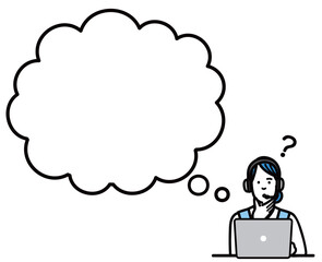 ラップトップの前に座って吹き出しで考えているオペレーターの若い女性

