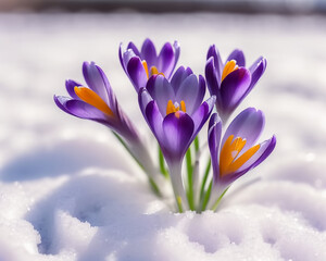 Crocus bulb blooming in snow, first spring flower. Generative AI