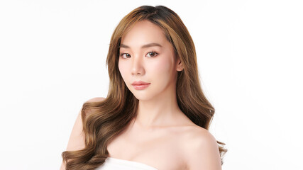Fototapeta premium Beautiful young asian woman with clean fresh skin on white background, Face care, Facial treatment, Cosmetology, beauty and spa, Asian women portrait.