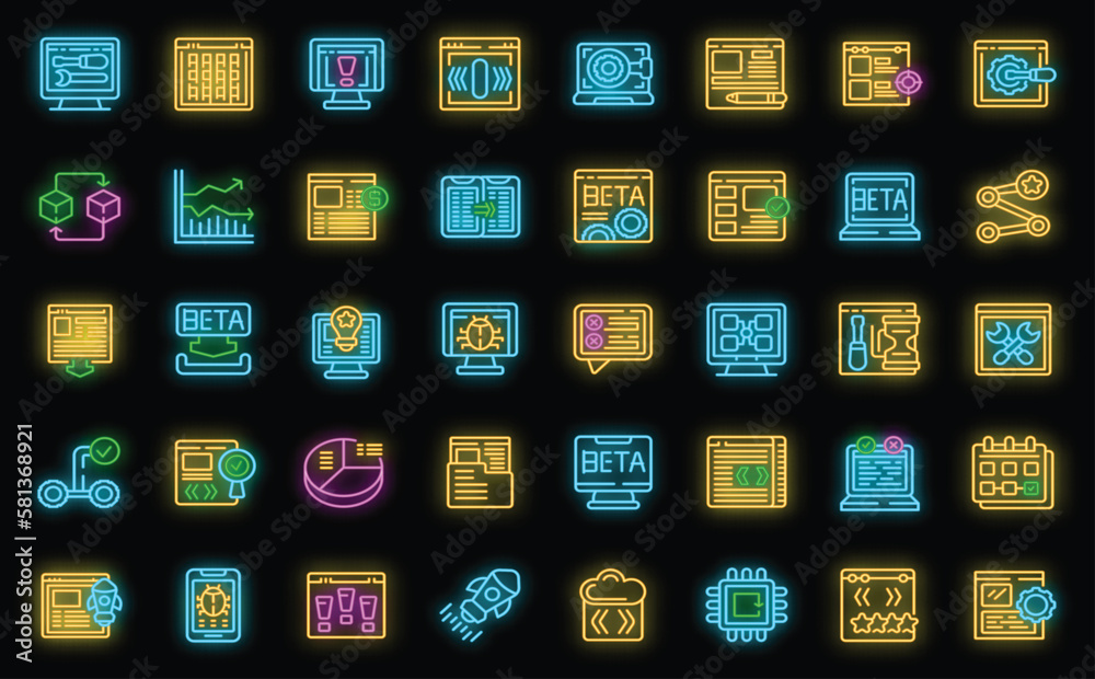 Poster beta version icons set outline vector. build bug. code app neon color on black isolated