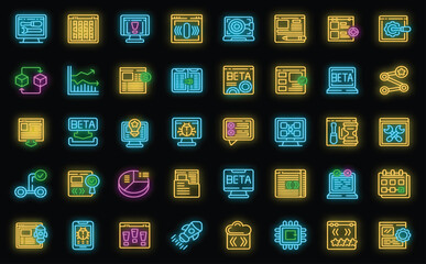 Beta version icons set outline vector. Build bug. Code app neon color on black isolated