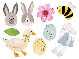 Obraz premium Watercolor easter bunny rabbit animal farmer wild field botanical leaf foliage arrangement ornament hand drawn illustration