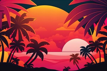 Fototapeta na wymiar Tropical paradise landscape hawaii cartoon background with palm trees and seaside beach on sunset background