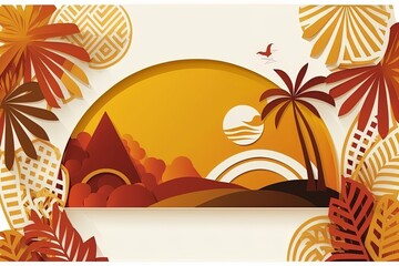 Tropical paradise landscape hawaii cartoon background with palm trees and seaside beach.