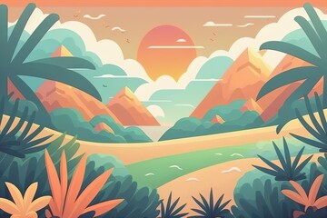 Fototapeta na wymiar Tropical paradise landscape hawaii cartoon background with palm trees and seaside beach.