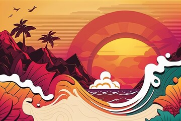 Fototapeta na wymiar Tropical paradise landscape hawaii cartoon background with palm trees and seaside beach with waves on sunset background