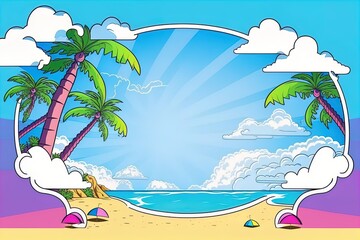 Fototapeta na wymiar Tropical paradise landscape hawaii cartoon background with palm trees and seaside beach.