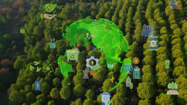Green forest aerial view and environmental technology concept. Green tech. Ecology. Green transformation. GX. SDGs. High quality 4k footage