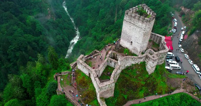 Aerial shot of historical Zilkale. Historic castles and ramparts. A medieval castle in the middle of the forest. Zilkale located in Camlihemsin. Historical and touristic castles.