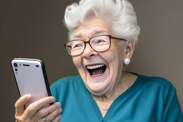 Generative ai illustration of Senior woman's looking happily with her smart phone 