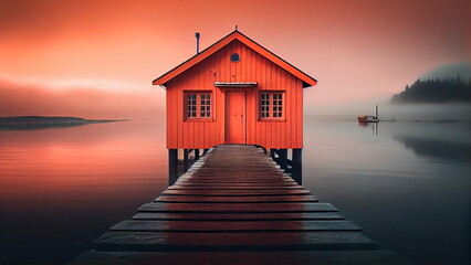 A wooden pier leading to a colorful houseboat with Generative AI.