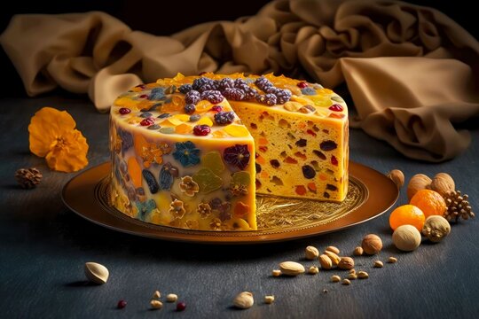 elegant festive fruit cake with candied fruits and pieces of dried berries, created with generative ai