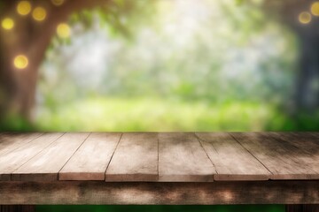 For a background for a catering or food shot with a country outdoor atmosphere, use an empty wooden table with garden bokeh. Generative AI