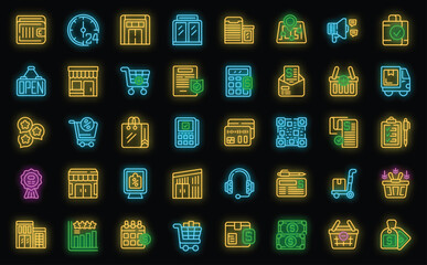 Consumer shop icons set outline vector. Street people. Mall fashion neon color on black isolated