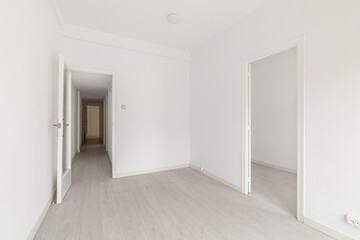 Empty spacious room with light walls and wooden laminate flooring with a corridor and access to another room. The concept of ready-to-let housing or a hotel room. Copyspace