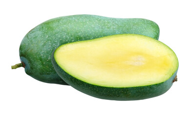 Green mango and half isolated on transparent background, PNG image