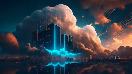 Abstract cloud connection technology background. Cloud computing concept with Generative AI Technology.