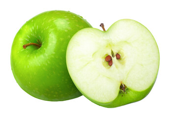 Fresh green apple and half with water drop isolated on transparent background, PNG image