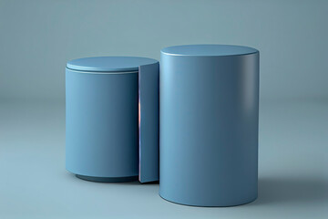 Two blue cylindrical podiums on a neutral background for product presentation in 3D rendering